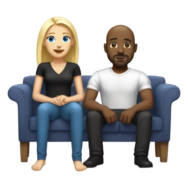Blonde woman with blue eyes and long straight hair and black man who is bald with a goatee seated together on a sofa with their legs touching and clearly in love with each other.   sticker