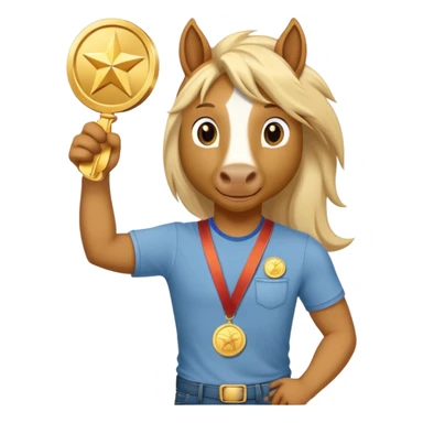 friendly anthropomorphised stallion in jeans and a t-shirt, holding a gold medal sticker
