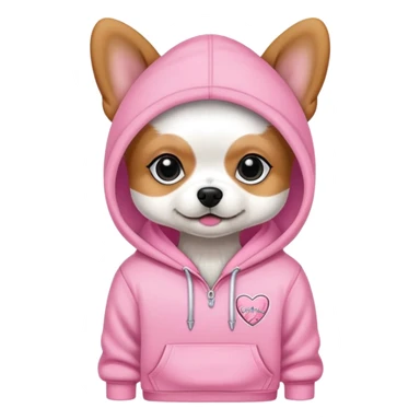 small dog wearing Victoria's Secret pink hoodie with logo sticker