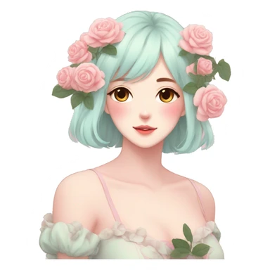 Gorgeous pastel anime style lady with blushing face and roses aesthetic trending style sticker