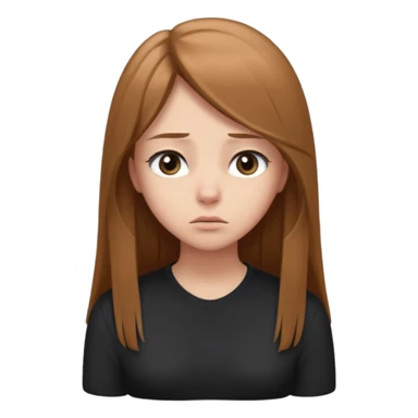 emoji of a girl with long, straight light brown hair, fair skin, soft grey eyes. Wearing a black. Standing slightly apart from a group of people, shoulders slightly hunched, arms loosely at her sides, head tilted down, eyes looking away. Nervous, unsure, miserable, and afraid.  sticker