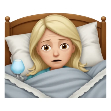 A 55-year-old woman lying in bed, unable to sleep. She looks exhausted and desperate, with visible dark circles under her eyes, tired facial expression. She is under the blankets, staring at the ceiling.  sticker
