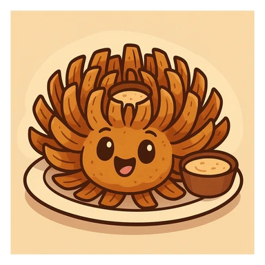 cartoon restaurant-style awesome blossom, crispy fried onion petals arranged in a circular bloom, with a side of dipping sauce, cute and appetizing sticker
