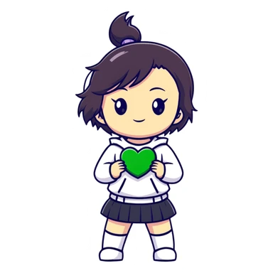 magical heroine chibi emote holding a green love heart sticker