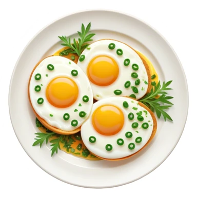 Cinematic sunny-side-up eggs, perfectly cooked with glossy yolks, crispy golden edges, sprinkled with fresh herbs, served on a rustic plate, bright and inviting, highly detailed and appetizing. sticker