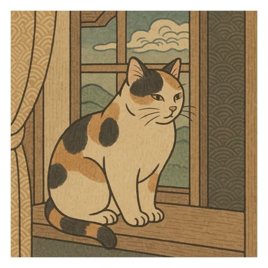 ukiyo-e style illustration of a cat sitting on a windowsill sticker