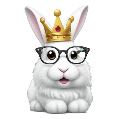 super fluffy white bunny with glasses wearing a crown sticker