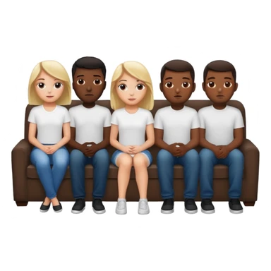 A white girl sitting alone on a couch with 5 black men in white shirts behind the couch. Recreate the popular meme "5 black guys and a blonde sticker