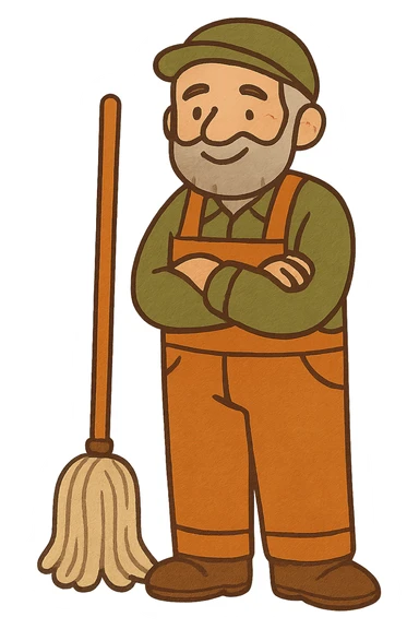 friendly looking janitor with gray beard and hair, mop leaning beside, colorful flat style sticker