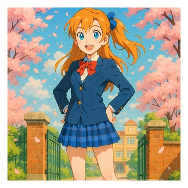 bright and cheerful anime schoolgirl standing confidently in front of her school gate during spring, cherry blossoms fluttering around, long light orange hair in a side ponytail with a blue ribbon, expressive blue eyes, warm smile, classic Japanese high school uniform with navy blue blazer, white blouse, red ribbon bow, blue checkered skirt, knee-high navy socks, brown loafers, vibrant 2D anime style inspired by Love Live!, lively background with high attention to color and lighting sticker