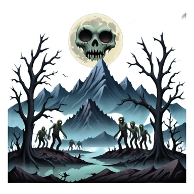 A dark creep Alaskan land scape with rotting trees and zombies rising from the ground infront of evil looking mountains with a cloudy evil moon. sticker