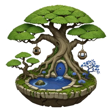 Alien spacecraft hanging jungle-vines mountain-island landscape antique mudman very old broken cracked intricate Stone Age rocky-crusted irregular dodecagon-shaped shallow dark moss rough bark blue willow flowered maple tree bonsai pot sticker