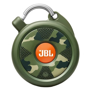Minimalist JBL Clip 4 speaker with circular shape, carabiner clip, green camouflage pattern, and small JBL logo in the center, iOS emoji style sticker