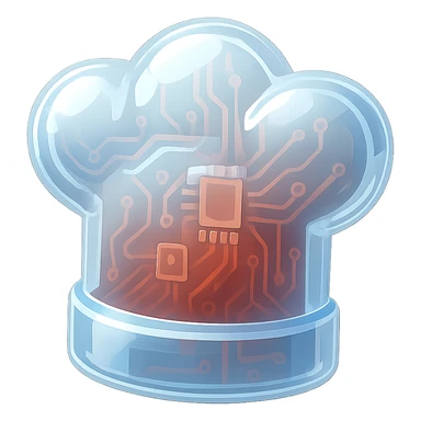 white chef hat, centered, red background with circuit pattern, glossy circuit style sticker