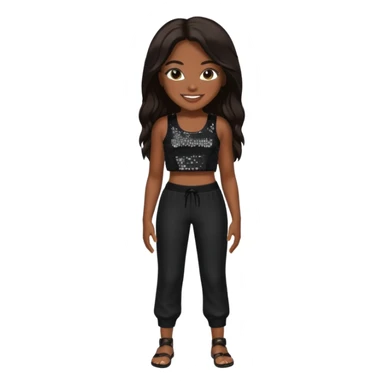 Aaliyah with black sequin crop top and pants, long dark brown hair sticker