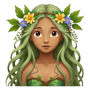 Cinematic Realistic Forest Nymph Fairy Portrait, depicted with lifelike, sun-kissed tanned skin that radiates an earthy glow, softly illuminated by natural, dappled light. Her long, flowing hair is intricately detailed and interwoven with delicate vines and wildflowers, while her deep, soulful eyes mirror the wisdom of the forest. Dressed in an attire inspired by nature’s palette—with subtle botanical motifs—the portrait exudes a soft, enchanted glow that melds realism with woodland magic. sticker