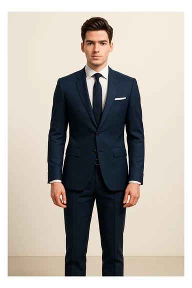 Full-body portrait of the same young man: elegant hairstyle, confident, fitted navy blue suit, white shirt, black tie, pocket square. Standing straight, arms relaxed at sides. Clean background, modern business look, sharp lines, consistent lighting, matching previous style and character. sticker