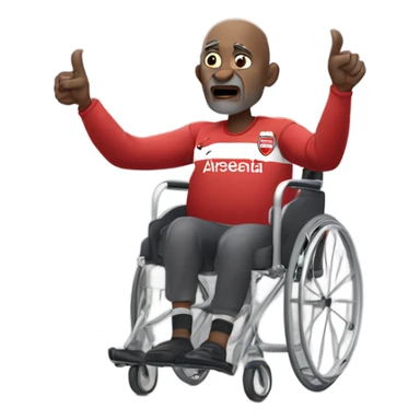 old black bald man with a round belly in wheelchair. angry face. grey stubble. he is pointing finger in front. wearing Arsenal soccer shirt. a speech bubble with the word: "Mojdeh!" sticker