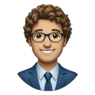 Young big Business man with brown curly hair, sidecut and round Glasses, smiling, european, blue suit, without tie sticker