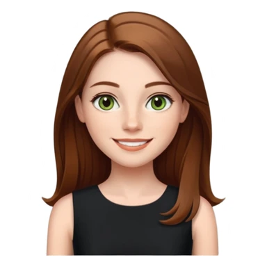 confident CEO named Freya McOmish, smiling, hazel green eyes, straight long hair parted in the middle, subtle freckles, broad shoulders, wearing a black evening dress sticker