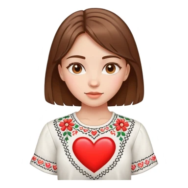 beautiful young girl with brown hair wearing a white Ukrainian embroidered shirt with a big heart design sticker