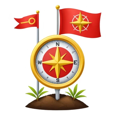 A minimal emoji of a compass pointing toward a planted flag. Flat design, confident colors, modern emoji style. Represents choosing direction and seeing it through to completion. Avoid corporate or motivational poster aesthetics. sticker