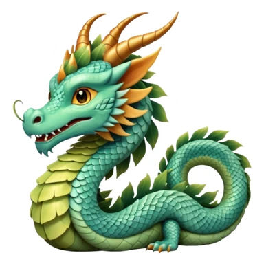  serpent dragon. Slim, serpentine body with smooth scales in soft blues and greens. Fluffy leaf plumes replace the tail fins, and a terracotta crown-like crest adorns its head. Gentle amber eyes. it should be similar to traditional chinese dragons. sticker