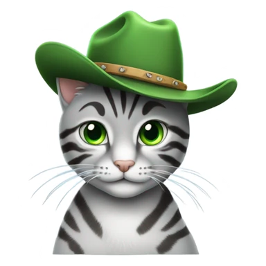 A silver tabby cat With green wearing a cow boy hat sticker