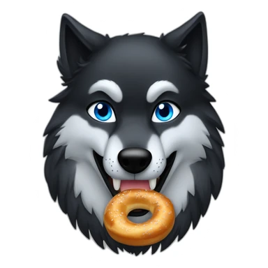 a full black wolf with blue eyes eating a bretzel sticker