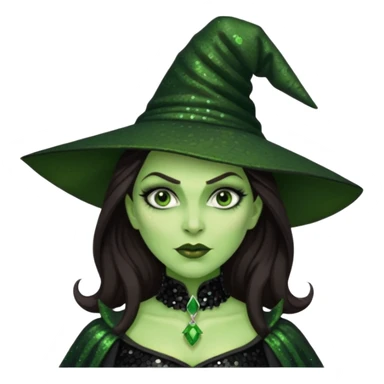 The Wicked Witch from Oz with long dark brown hair, black sequin outfit, green skin sticker