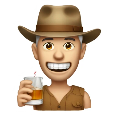 Man with missing teeth, whiskey jug and straw hat sticker