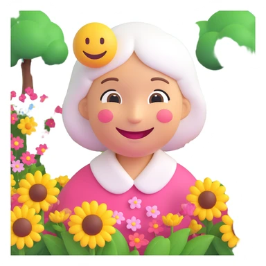 3D smiley emoji, round shape, grandmother in a flower garden, yellow color, smiling face sticker