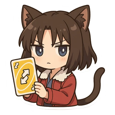Ryougi Shiki as a chibi with cat ears and cat tail, holding a UNO reverse card sticker