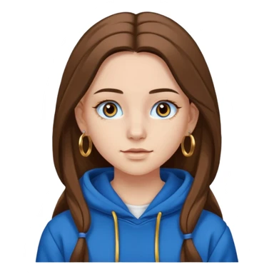 teen girl, white skin, long brown hair middle parted, brown eyes, blue hoodie eyelashes and gold earrings sticker