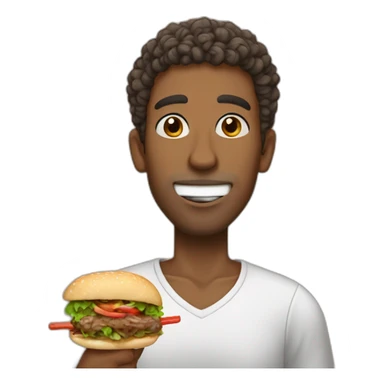 a brown skinned man, emaciated face with short curly hair eating a kebab sticker