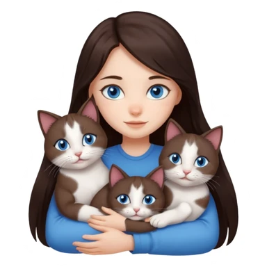 a girl with long dark 
brown hair, with blue eyes, hugs 3 different natural coloured cats sticker