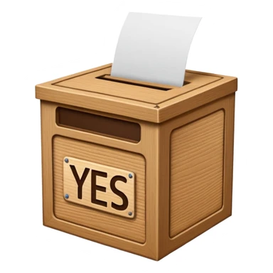 Vote box with "yes but" aber' written on the front and paper entering the top slot sticker