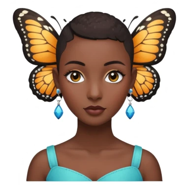 Lady with black buzz cut hair and lashes wearing 4 earrings with butterfly standing on her sticker