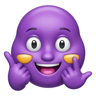 "A glossy 3D purple emoji character with shiny, reflective surface, puffed cheeks as if holding in laughter, eyes squinting mischievously, white cartoon hands — one covering its mouth and the other pointing upward with the index finger. Cute, exaggerated facial expression, smooth rounded shape,  sticker