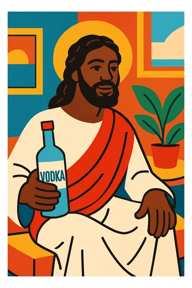 Black Jesus with a vodka bottle, casual setting, tasteful and artistic, vibrant colors, contemporary art style sticker