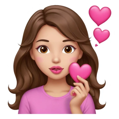 girl with long wavy brown hair, brown eyes, light to medium complexion, in a pink shirt, pink lips, long lashes, puckering up for a kiss, kiss lips and hearts in hand sticker