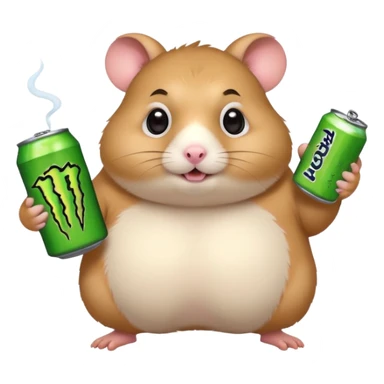 Funny cartoon-style fat hamster with big wide eyes  holding a can of monster energy in one hand and redbull in the other hand sticker