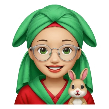 Asian woman wearing a green towel in her head with a broken glasses on her face in red pajamas her smile with rabbit front teeth and the cloth should be red sticker