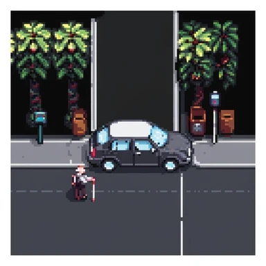 a blind person with a white cane walking on a pavement, but a car is parked blocking the path, pixel art style sticker