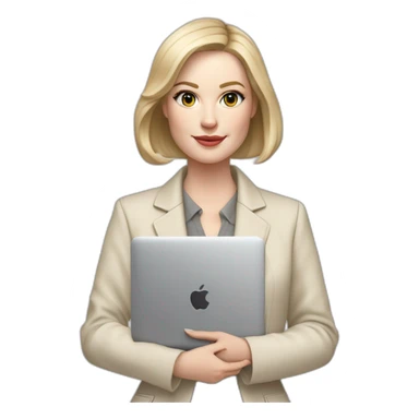 pale skin woman with ash blonde Straightened bob Hair, White Spacious classical jacket, beige palazzo Arrow pants and gray blouse holding a MacBook in the hands sticker
