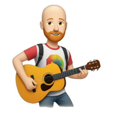 white bald guy with ginger beard playing acoustic guitar wearing a colorful t shirt sticker