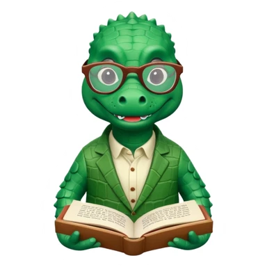 A claymation alligator with a book and glasses. The background is a solid white circle sticker
