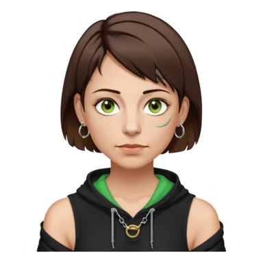 a girl in her 40s, short brown hair with sidelocks going to her chin, green-brown eyes, wearing one shoulder black hoodie and tanktop, septum ring, 3 rings in left ear, 2 in right ear sticker