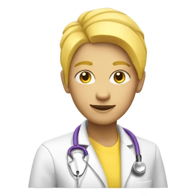 IOS-style emoji a yellow-skinned health worker, she has yellow hair, yellow skin, a purple shirt, and a white jacket, she is wearing a stethoscope. Minimalism concept. Vector Style. Subtle Shading. Subtle 3D style look sticker