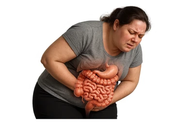 DONNA LEGGERMENTE SOVRAPPESO PIEGATA IN AVANTI CON INTESTINO ANATOMICO IN EVIDENZA, MAL DI PANCIA iperrealistico 4k sticker